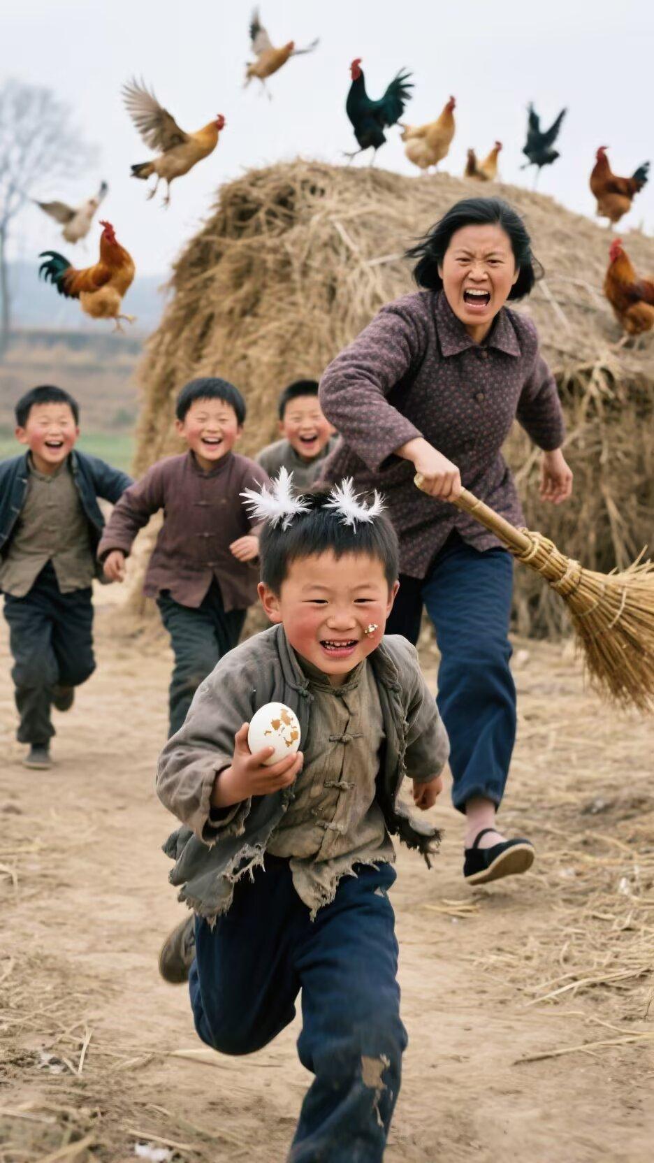 定风波，题图（怀旧系列）
稚子偷蛋鬓插毛，阿娘持帚怒眉挑。
鸡鸭惊飞尘路闹，谁料