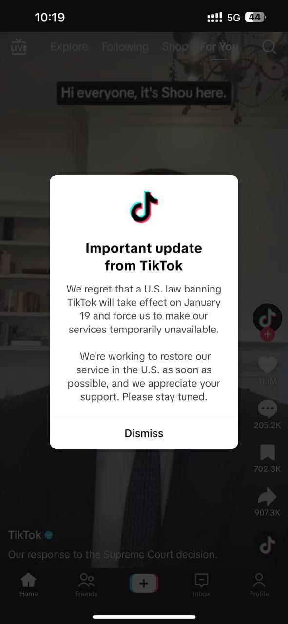 TikTok刚刚面向美国用户弹出通知，宣布会暂停在该国的业务

名为“来自Tik