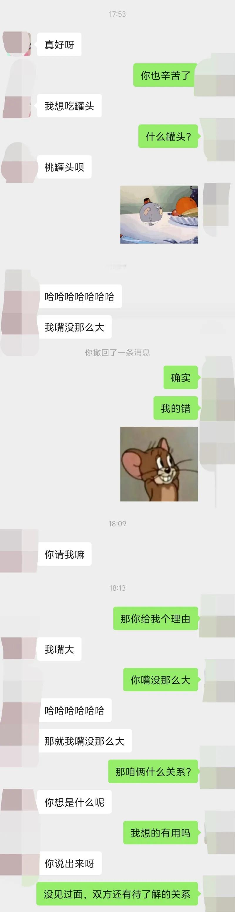 这是一段异性线上聊天记录，两人还未曾见面、处在互相熟悉了解的阶段，对话氛围轻松暧