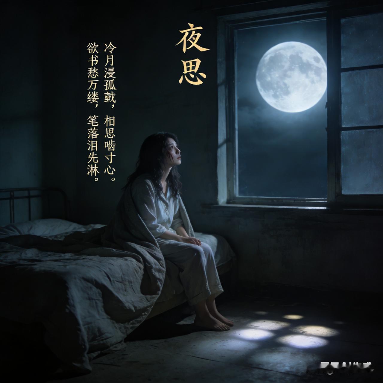 《夜思》乐韵诗心原创诗词:
冷月浸孤衾，
相思啮寸心。
欲书愁万缕，
笔落泪先淋