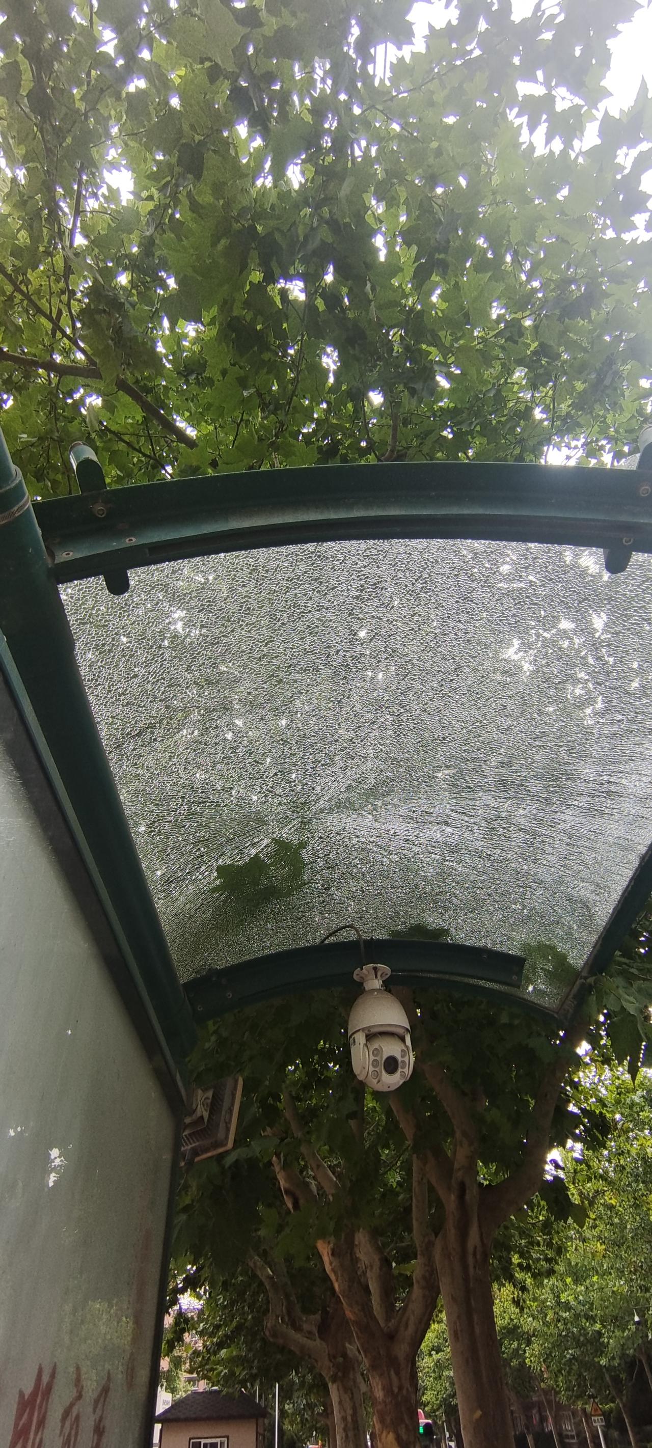 中山区虎滩新区712路虎山路站，车站遮雨棚，三块儿玻璃全碎了。哪个熊孩子给打碎了