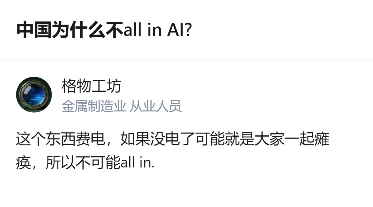 从现有信息看，针对中国为何不all in AI的问题，该回答给出的核心原因是AI