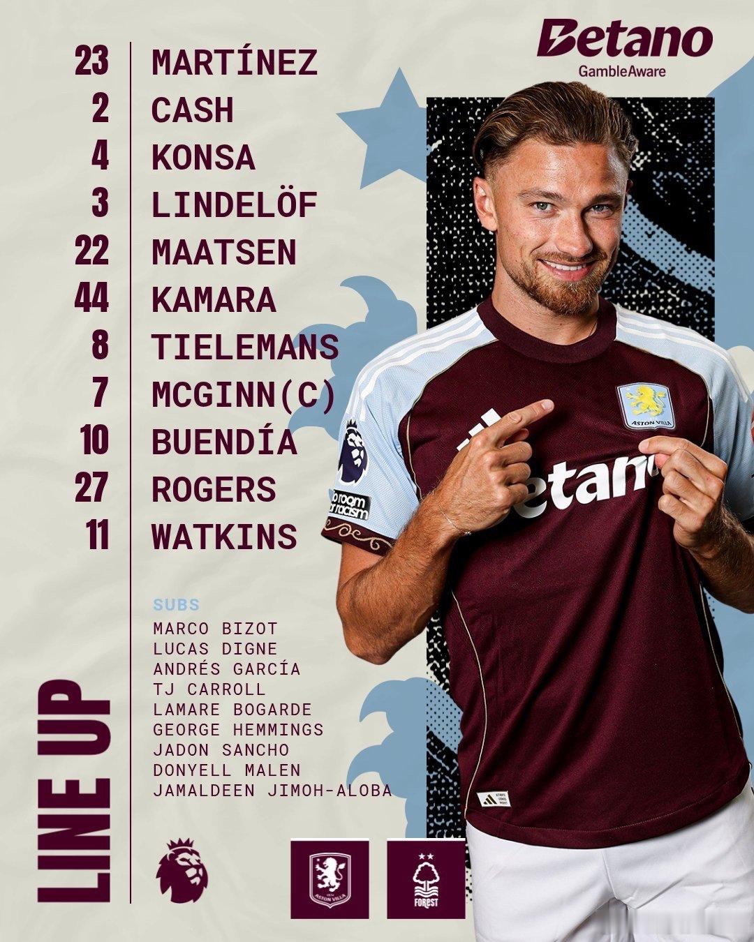 首发阵容出炉：维拉：大马丁、林德洛夫、孔萨、马特森、卡什、卡马拉、麦金、蒂勒曼斯