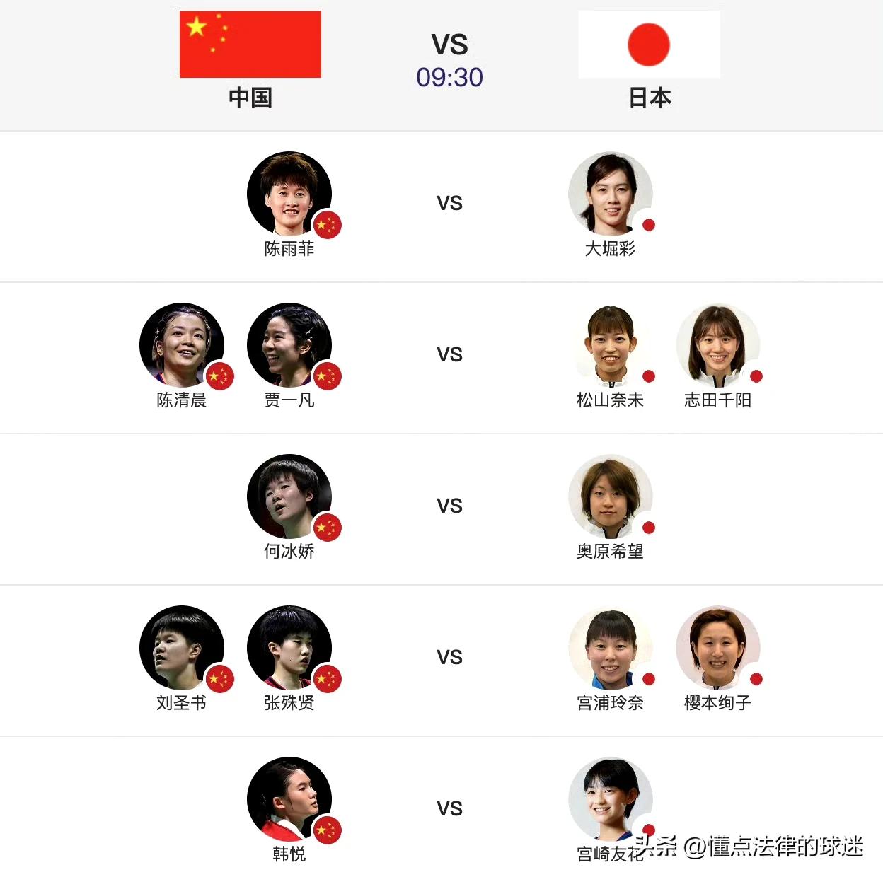 明天09:30 成都尤伯杯半决赛：中国VS日本
“抗日”对阵表：
第一盘：陈雨菲