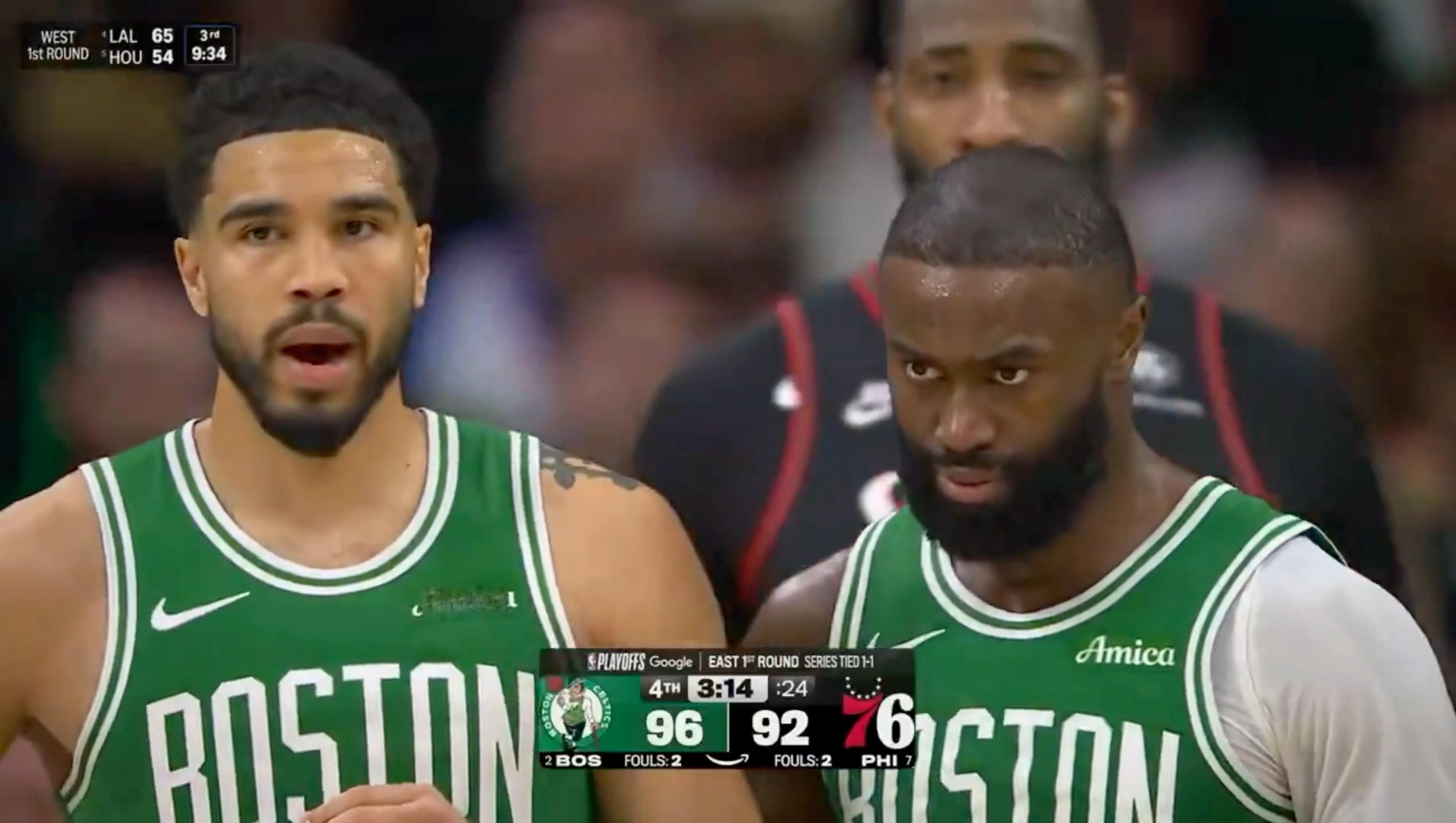 这一幕！杰伦-布朗对气喘吁吁的塔图姆说：“喘口气，乔治我来防。”昨天G3，塔图姆