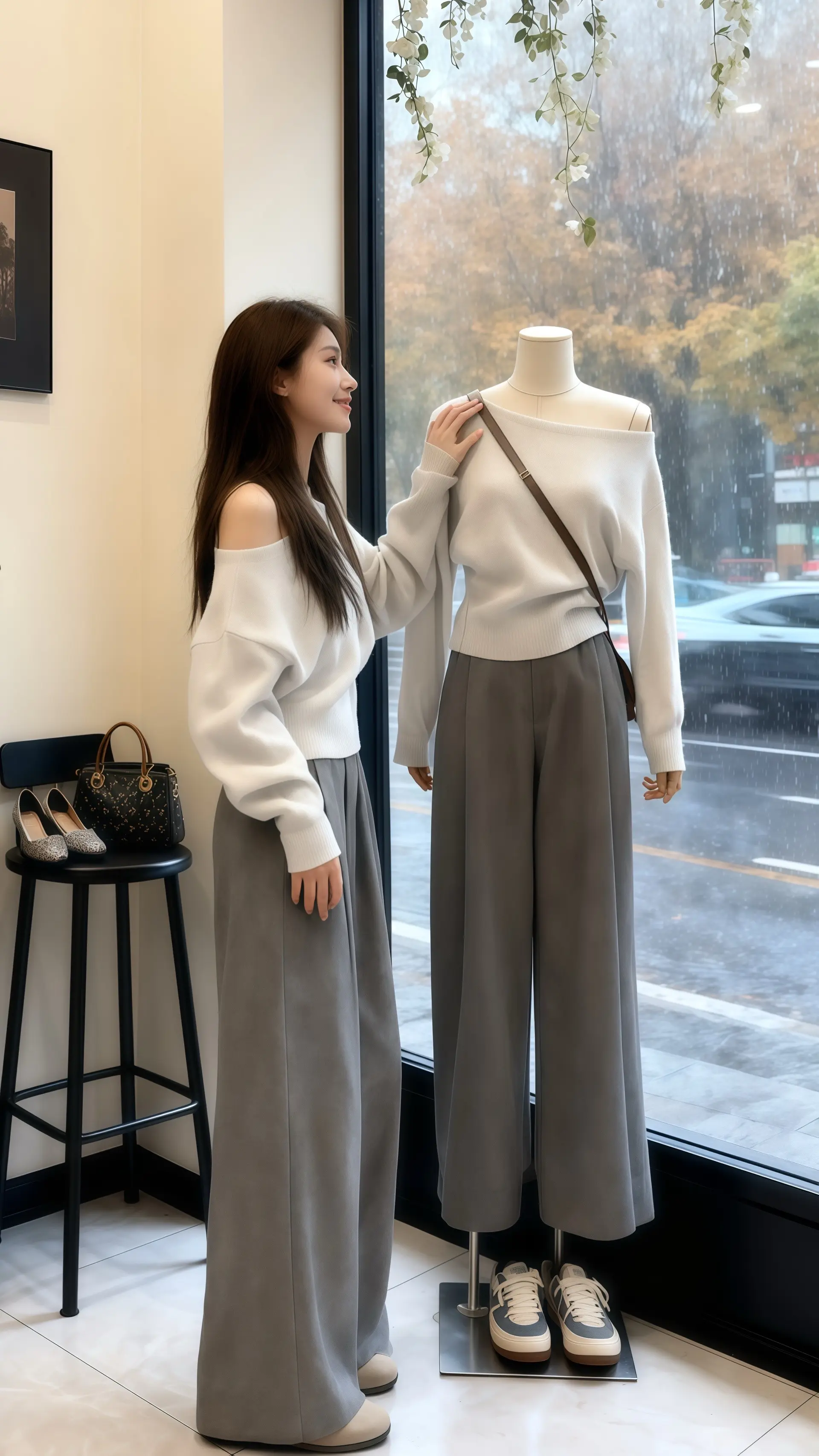 她穿着秋冬新款时尚两件套，灰色斜肩毛衣巧妙露出肩颈线条，柔糯针织裹着秋...