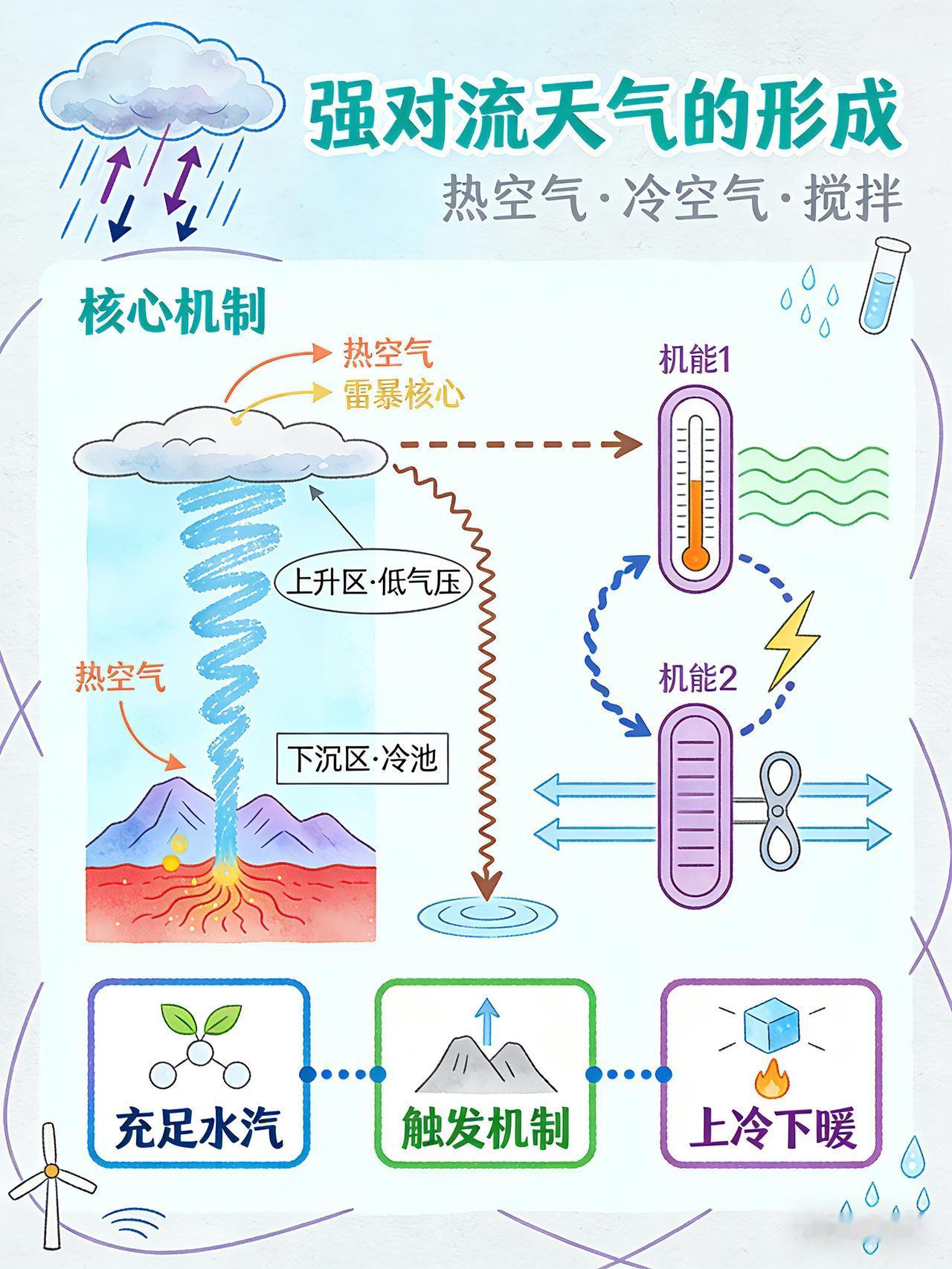 强对流天气的形成需要三个核心条件：充足水汽、触发机制（如地形抬升）、上冷下暖的不