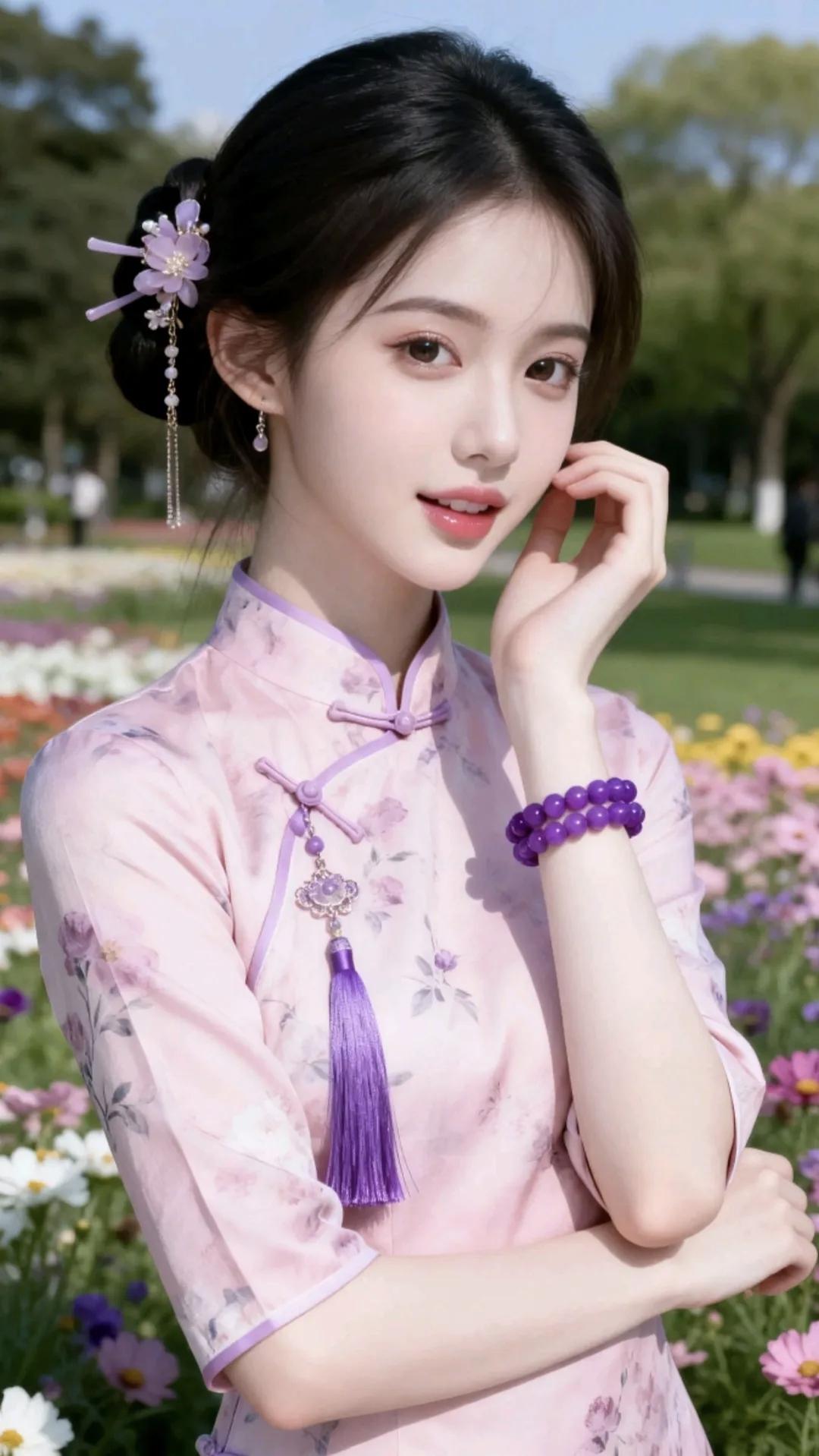 晒图笔记大赛少女一袭粉色旗袍搭配紫色发簪，花丛中的优雅之美！