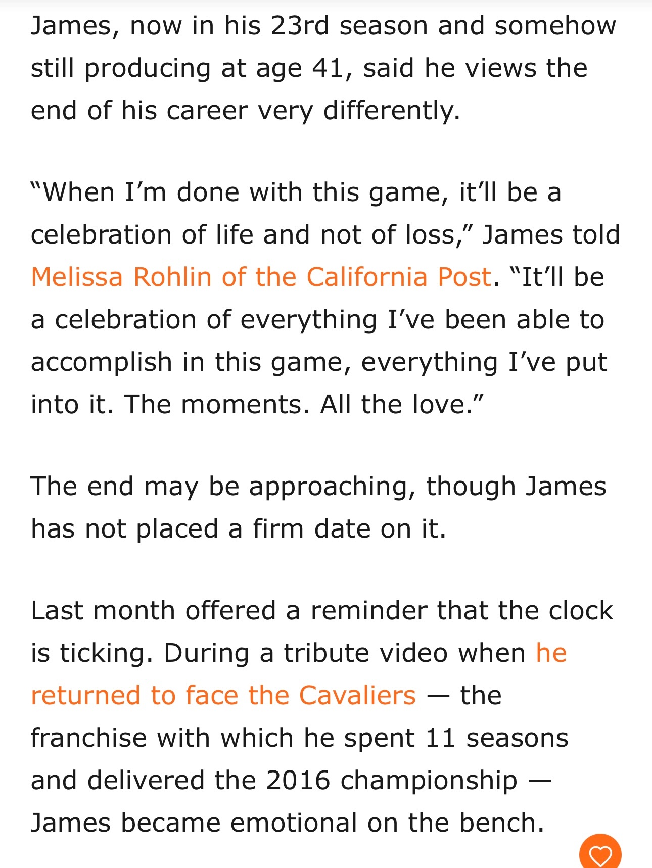 对待自己职业生涯落幕是什么态度？詹姆斯表示，他的退役将是一场“庆典”，而非“告别