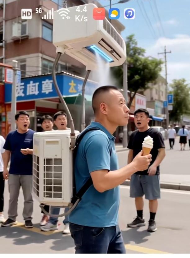 逗你乐
能人都在抖音上；
今天有幸刷抖音；
一幕图片映眼帘；
帅哥身背大空调；