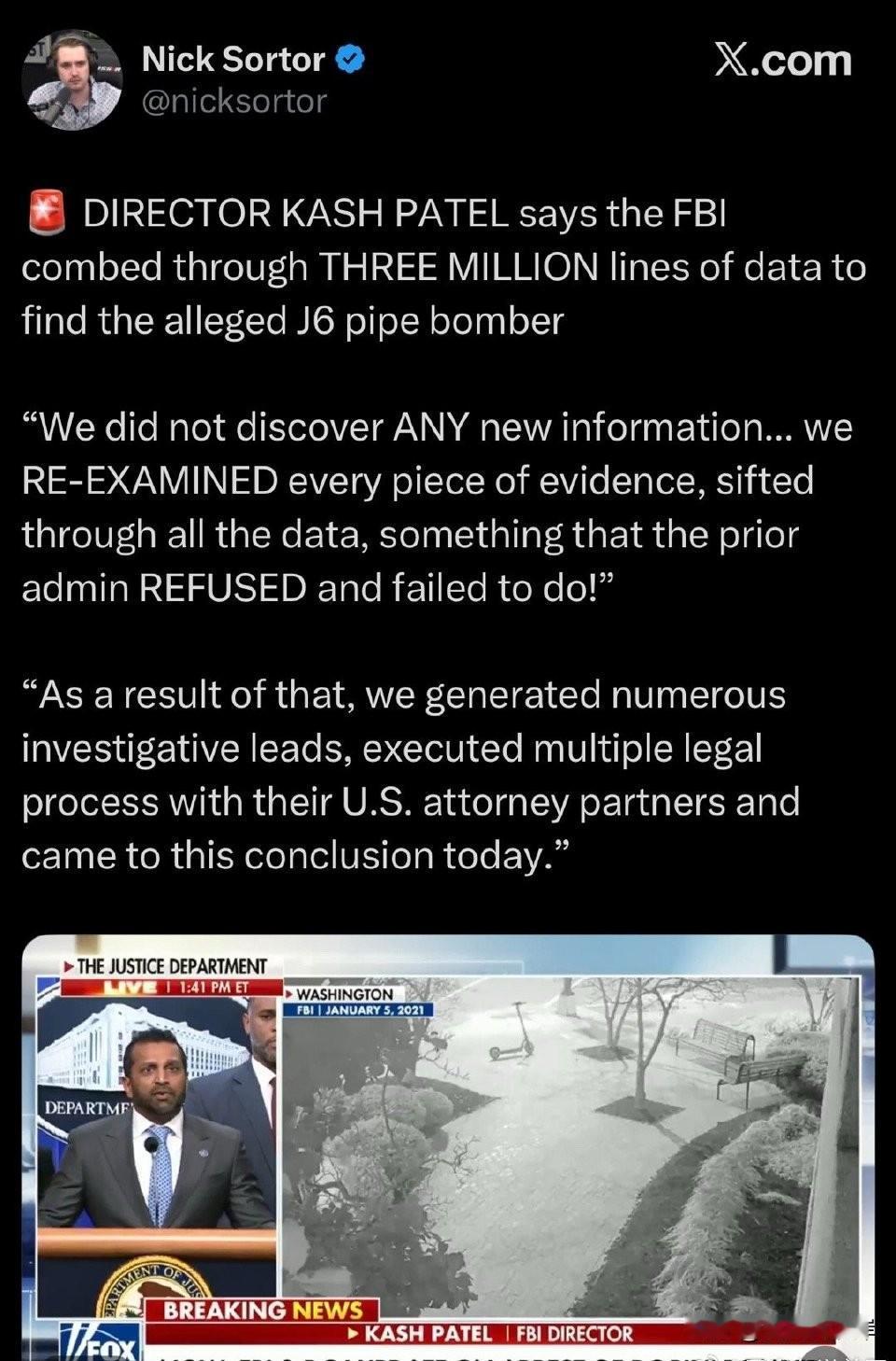 局长 Kash Patel 表示，FBI 梳理了 300 万条数据，以寻找涉嫌的