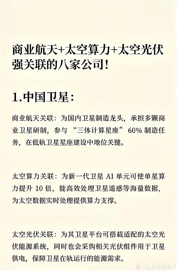 商业航天+太空算力+太空光伏 8家核心标的（精简版）1. 中国卫星：卫星制造龙头