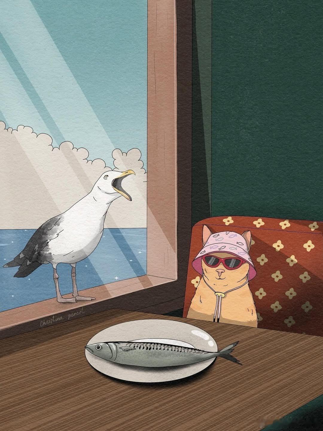 海鸥围观小猫吃鱼🐟..cr：christina.pencil 