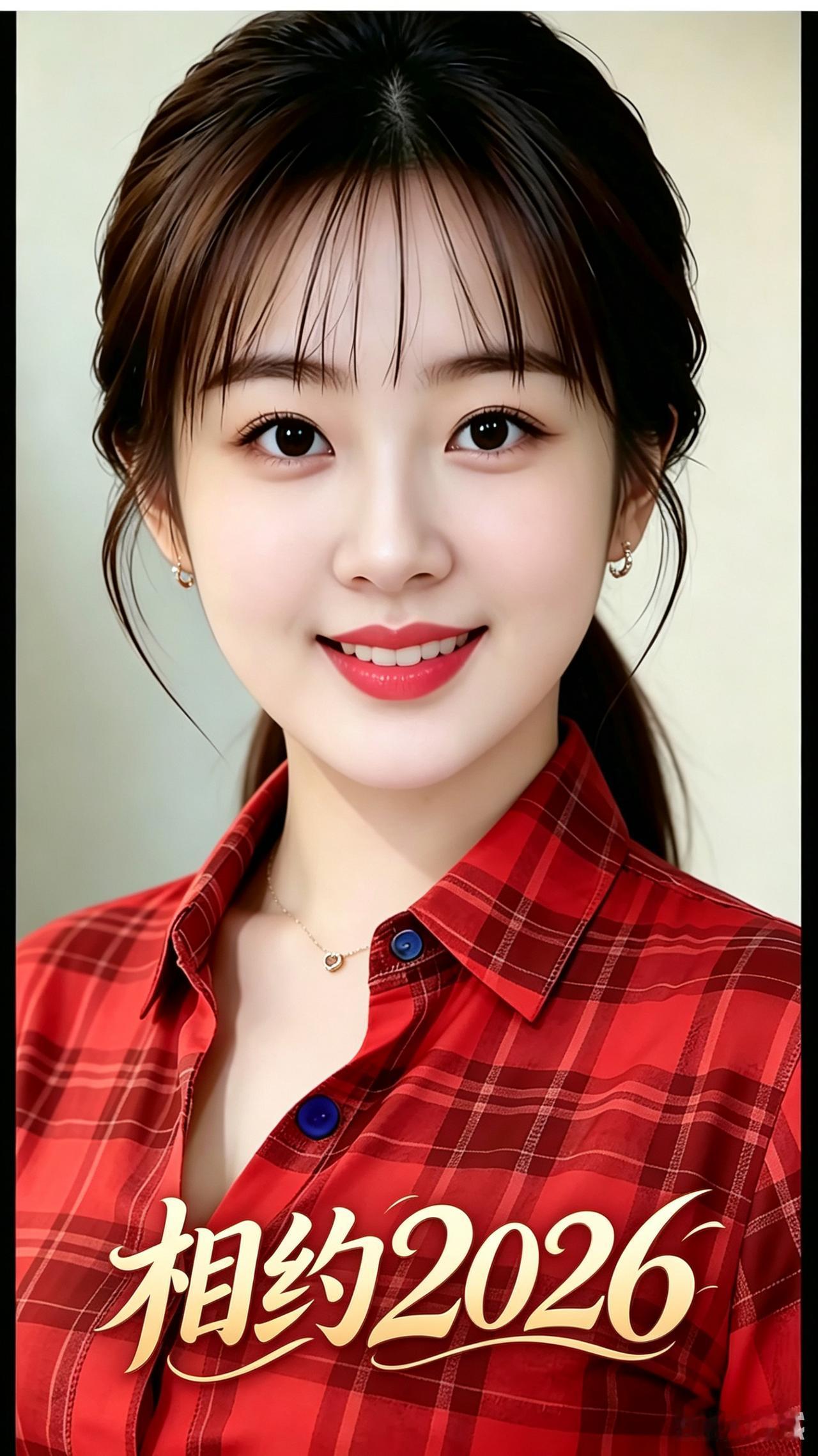 相约2026
红格衬衫着身上，
大学初毕俏娇娘。
项链耳环金光闪，
一笑脸颊甜且