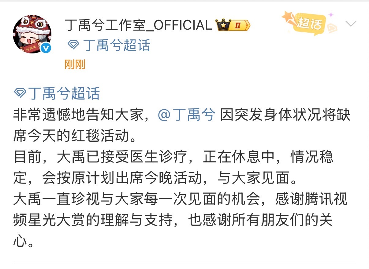 丁禹兮因身体状况将缺席红毯丁禹兮因身体状况缺席红毯丁禹兮因身体状况将缺席红毯，注