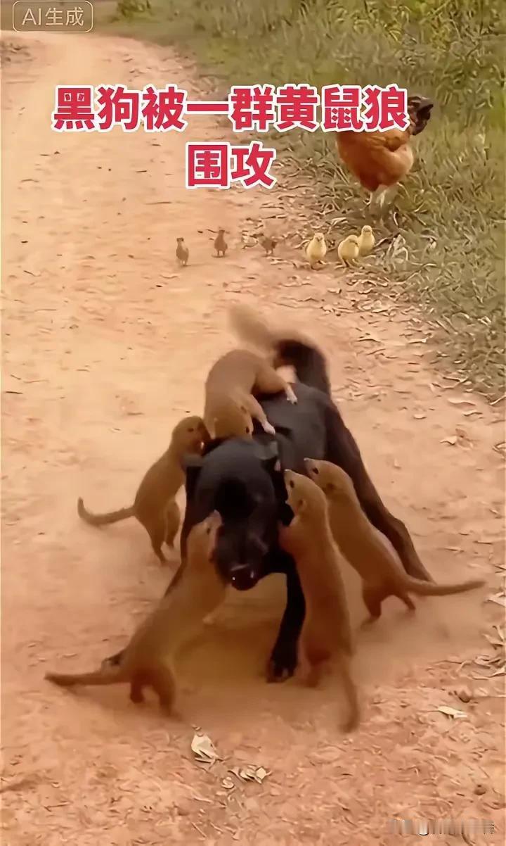 看到黑狗被一群黄鼠狼围攻，鸡妈妈挺身而出的画面，太让人震撼了！这和老公鸡勇斗黄鼠