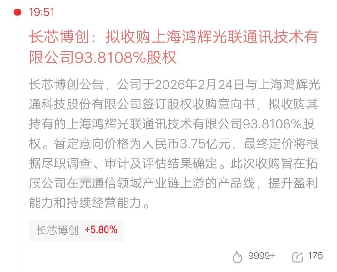 长飞光纤光缆子公司重大利好，7.99万股东的财运来了。长芯博创公告，拟收购上海鸿