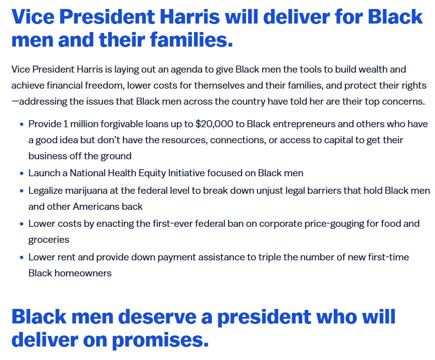 这是从卡玛拉·哈里斯的网站上截取的。她发布了“黑人男性机会议程”。
你认为黑人男