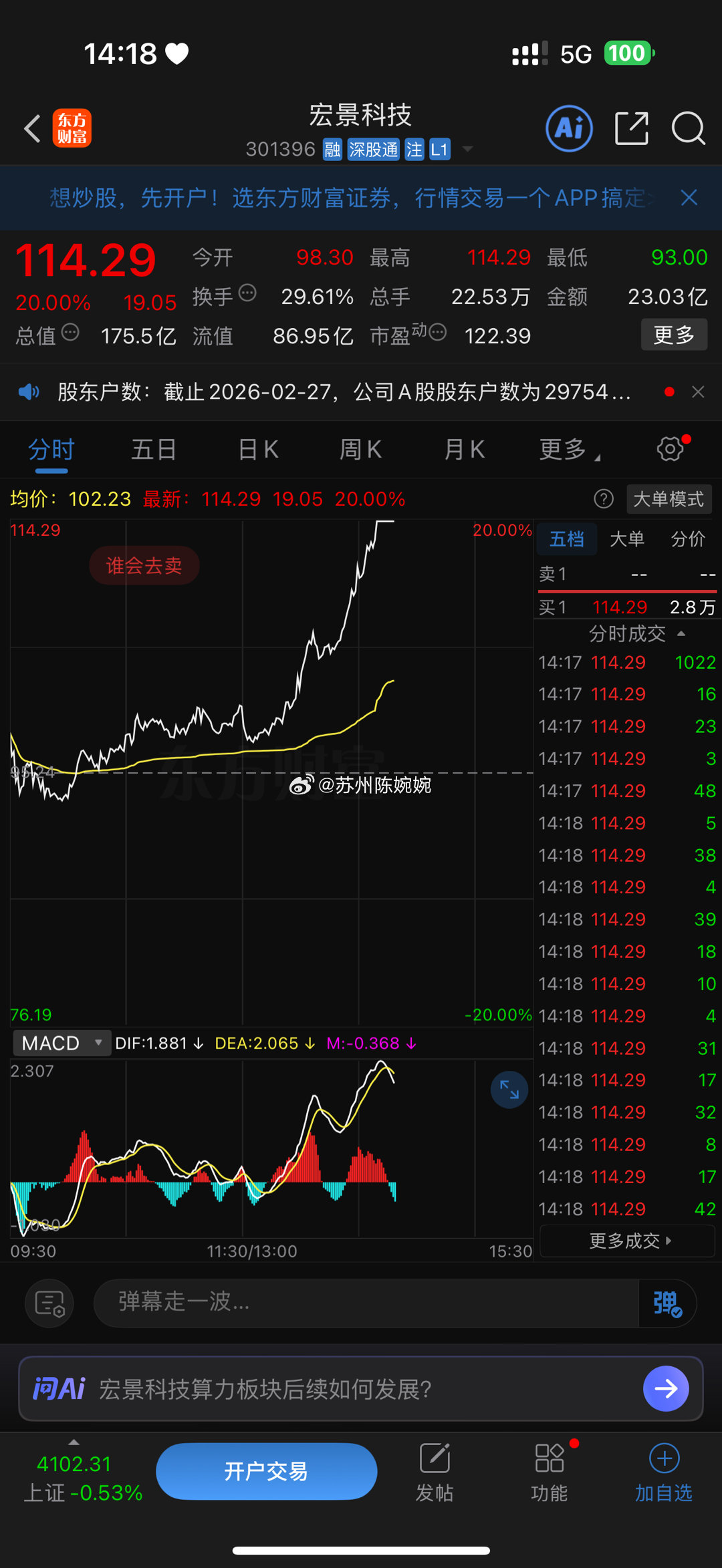 家人们，宏景科技强势涨停，吃肉不等人！点赞沾喜气，评论888接好运，主升浪走起，