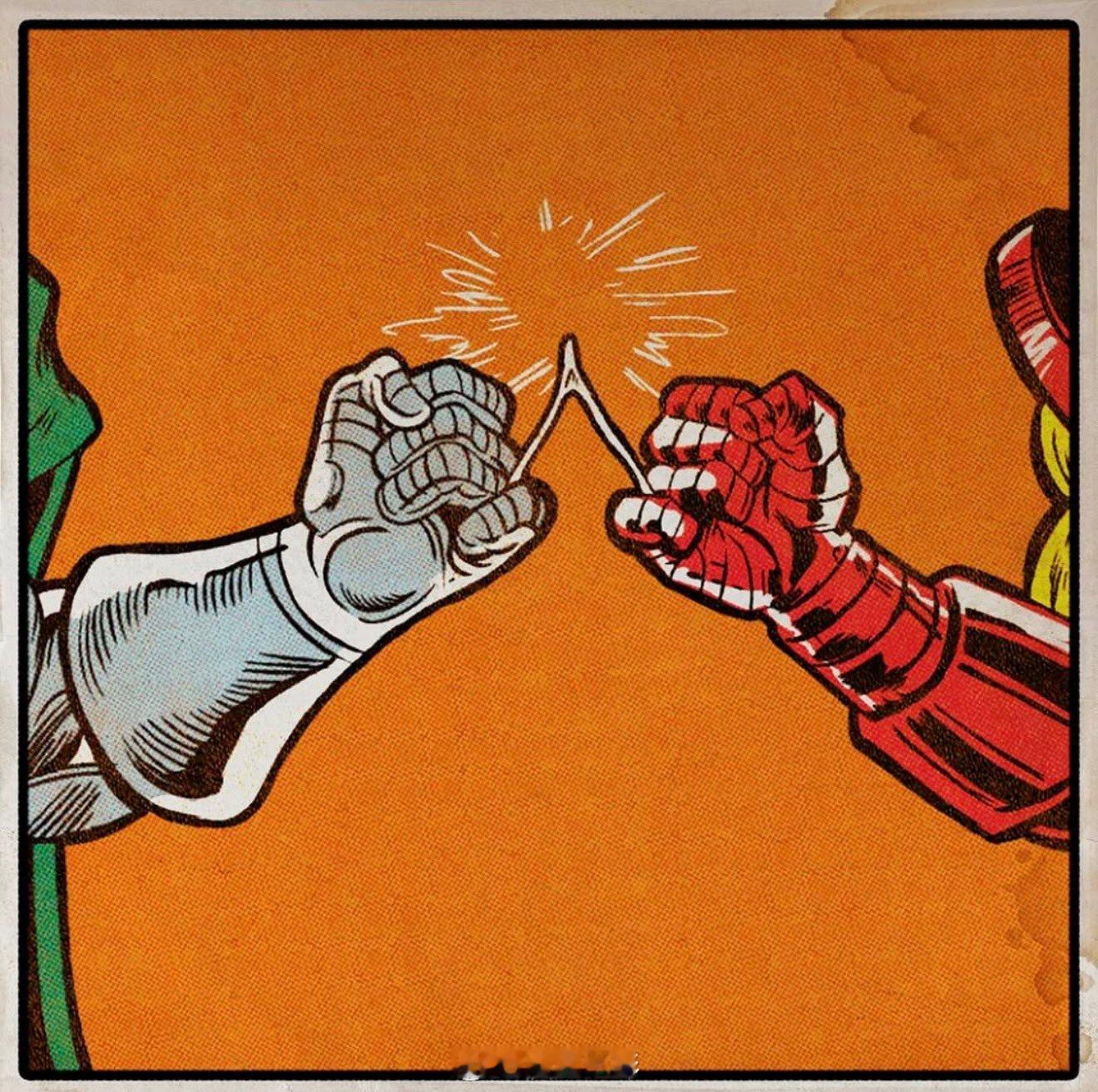 唐尼在社交平台最新分享了一张图片，左杜姆右钢铁侠。