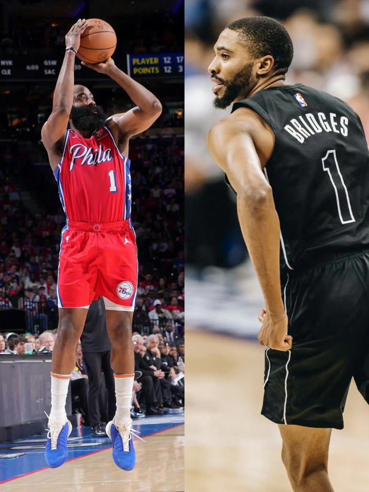 得分、身高差不多！哈登、布里奇斯本赛季主要数据对比

             