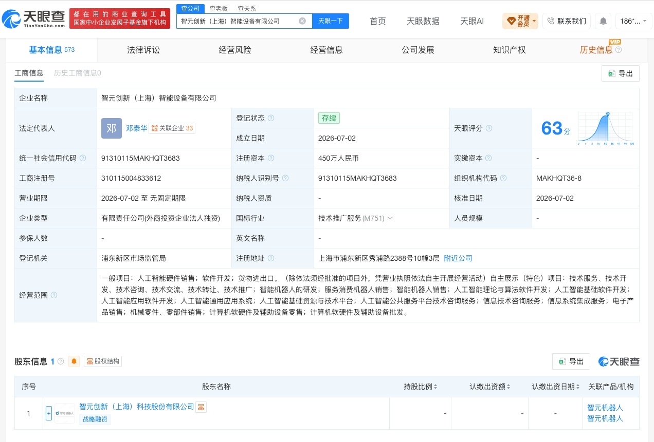 【智元机器人成立智能设备新公司 注册资本450万】财报研究社Pro讯，天眼查Ap