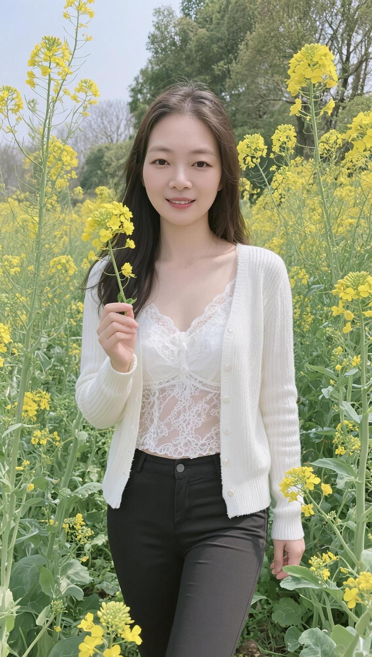 AI田园生活照油菜花 美女日常分享穿搭