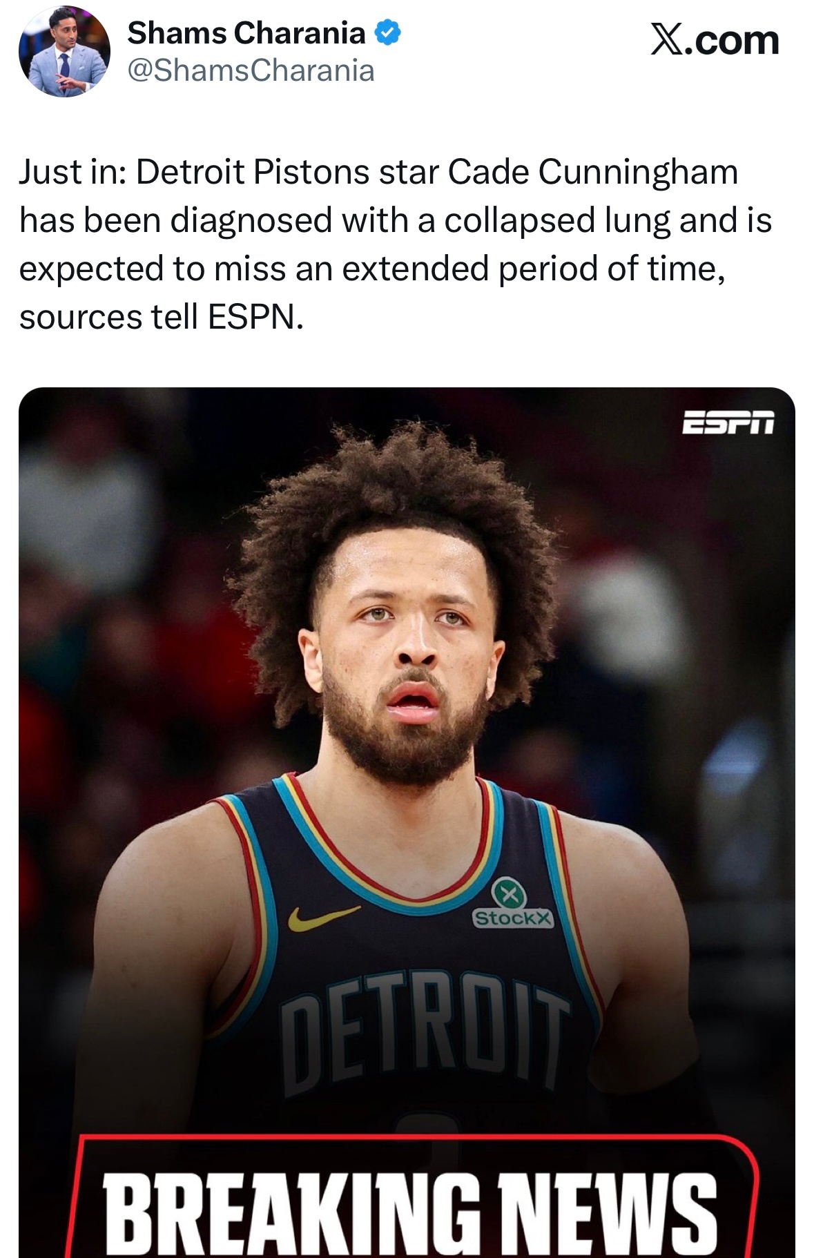 Shams: 坎宁安被诊断为气胸（肺部塌陷）！长期缺席！！ 通俗来说，就是肺破了