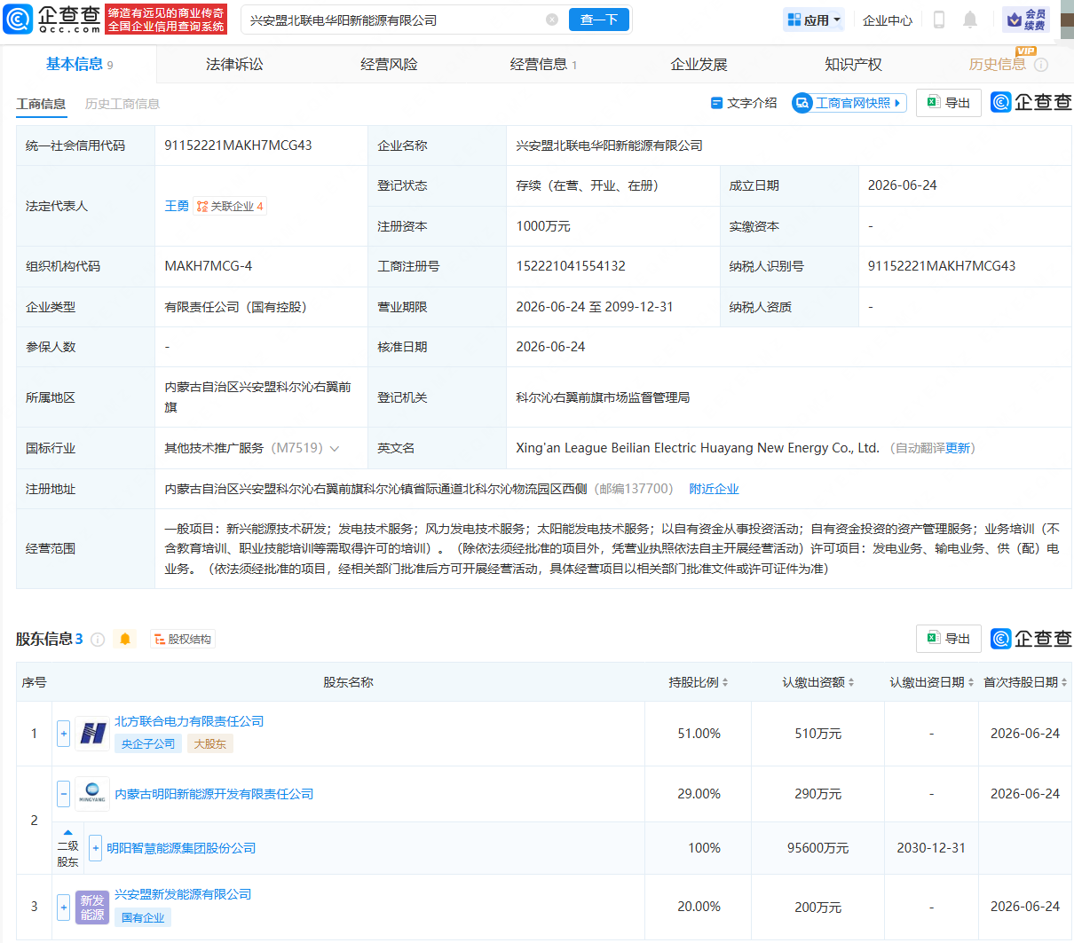 北方电力、明阳智能等成立新能源公司