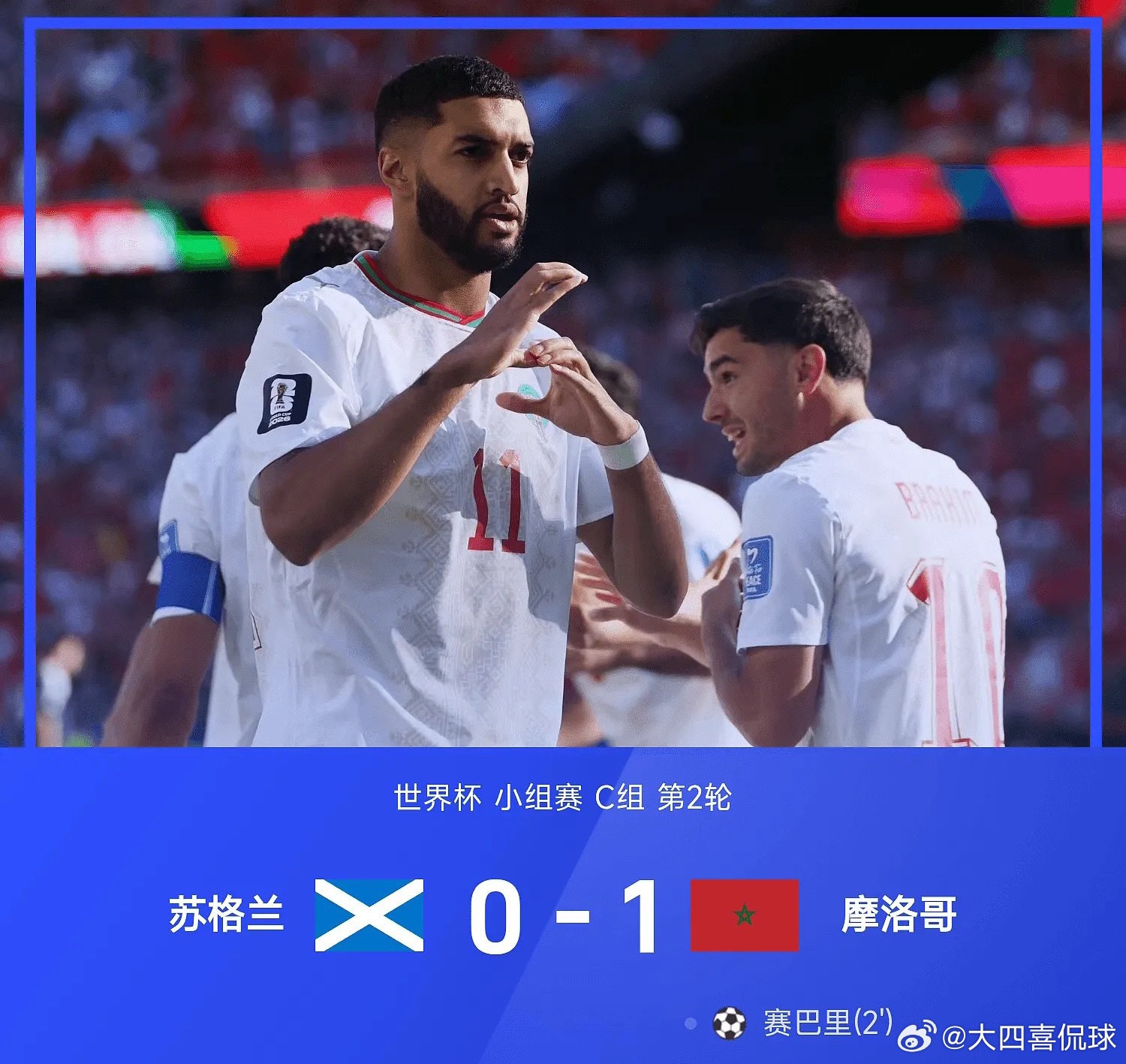 世界杯战报：赛巴里71秒闪击，摩洛哥1-0战胜苏格兰苏格兰0比1摩洛哥世界杯 0
