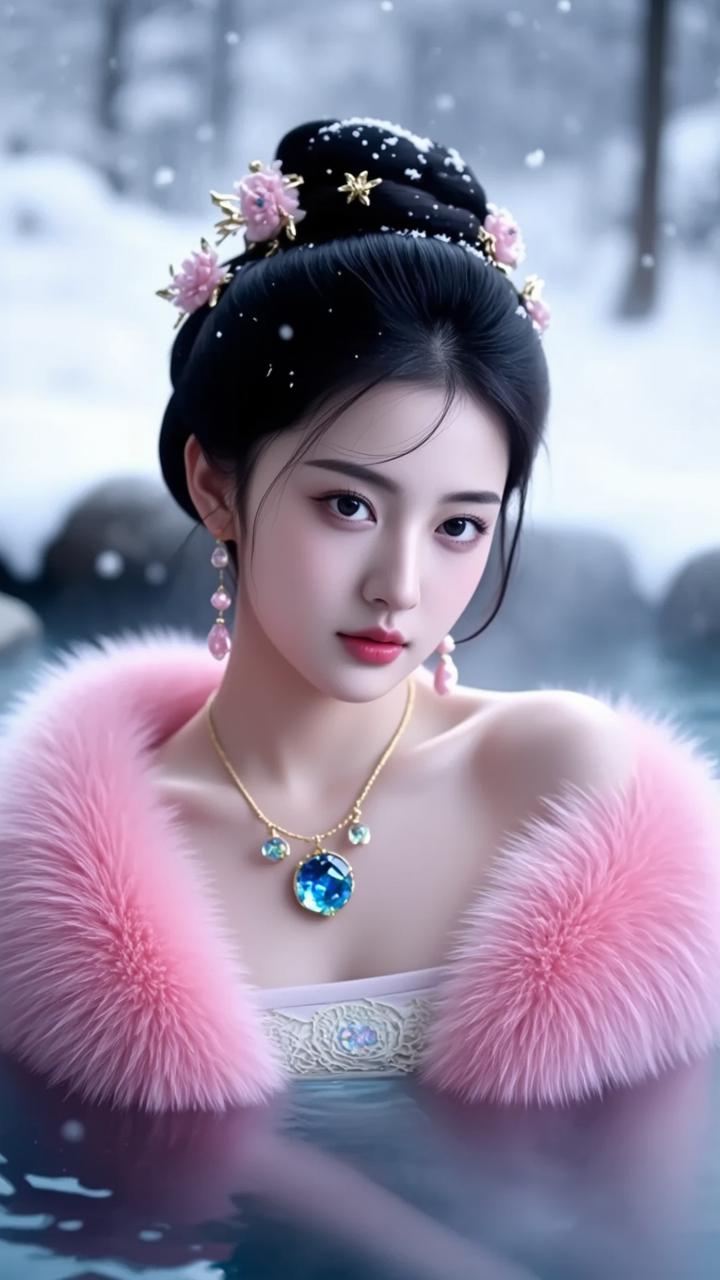 冬日雪景中的美人，粉色的毛绒外套与雪景相映成趣，宛如童话中的公主。