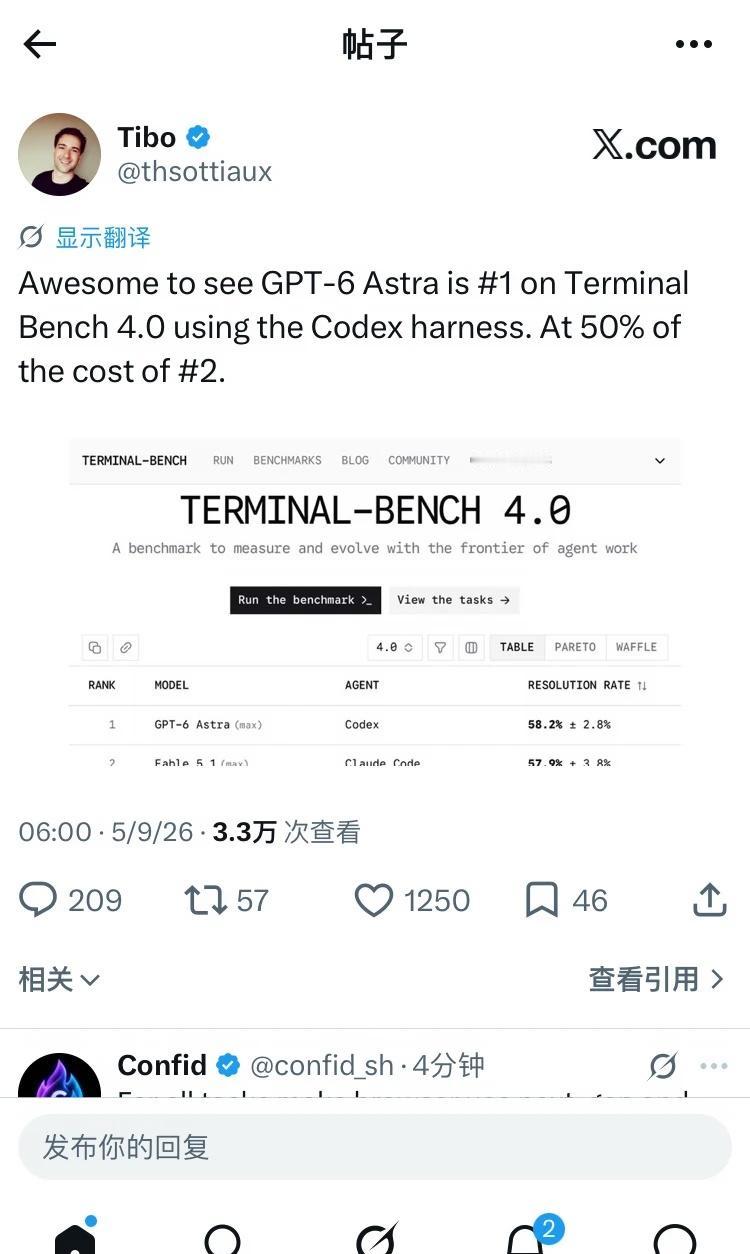 GPT-6 Astra登顶Terminal Bench，成本还低
很高兴看到 G