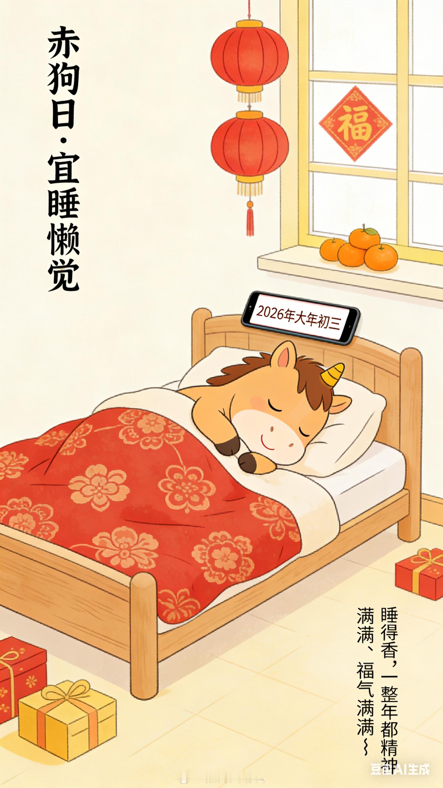 初三一定记得睡懒觉大年初三又叫“赤狗日”，传统里讲究不宜外出、不宜拜年，就是要在