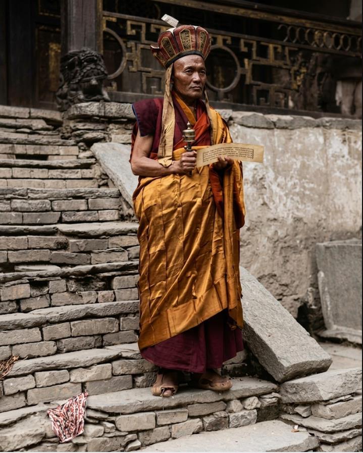 清末，藏区寺院，一位手持经卷与转经筒的藏传佛教僧人。
高顶僧帽衬出沉稳气度，绸缎