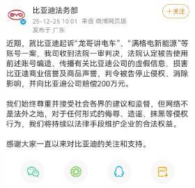 法院判决自媒体赔偿比亚迪200万元 比亚迪法务部官宣：“龙哥讲电车”“满格电新能