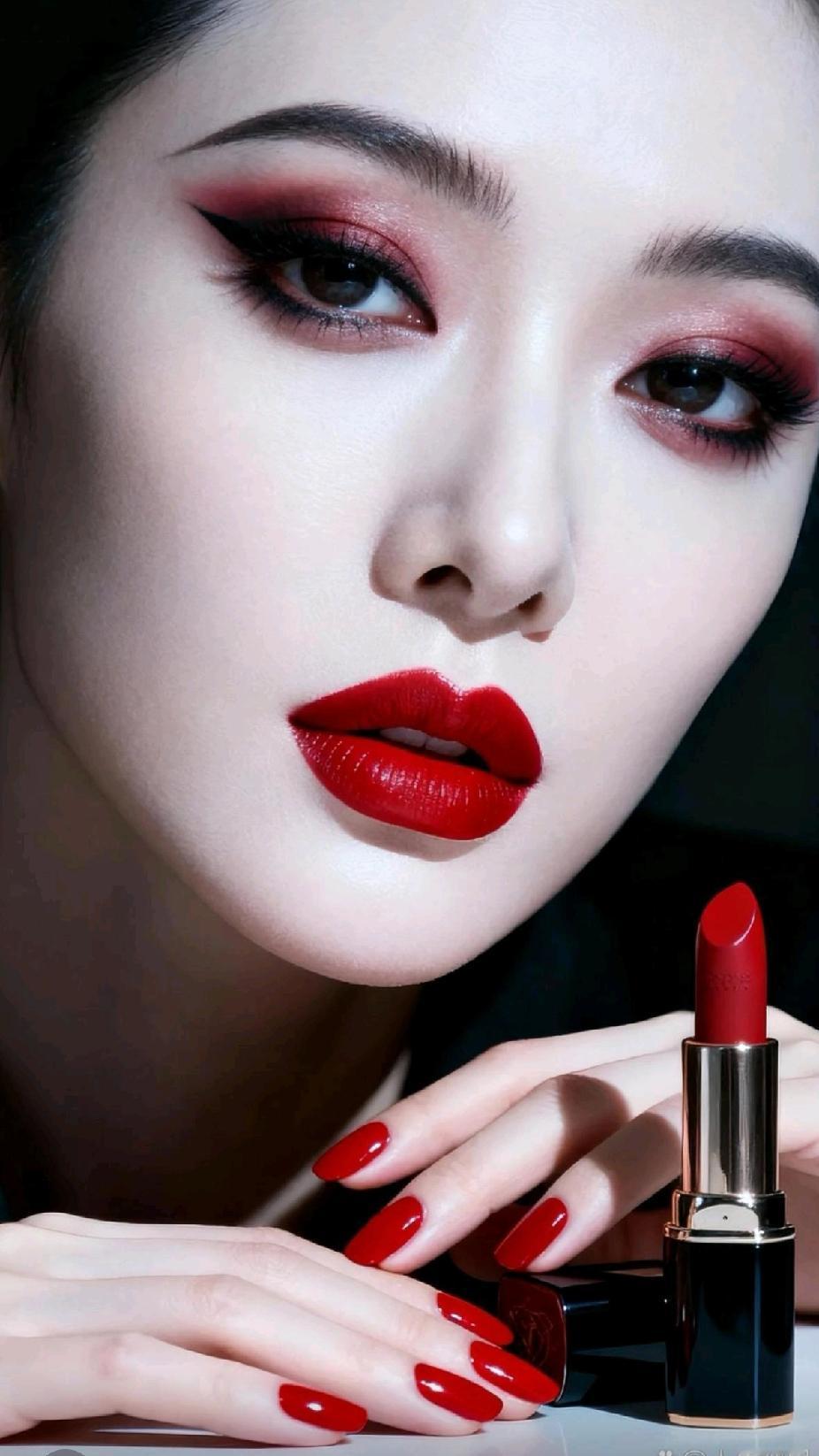 这个妆容太惊艳了，红唇超亮眼！