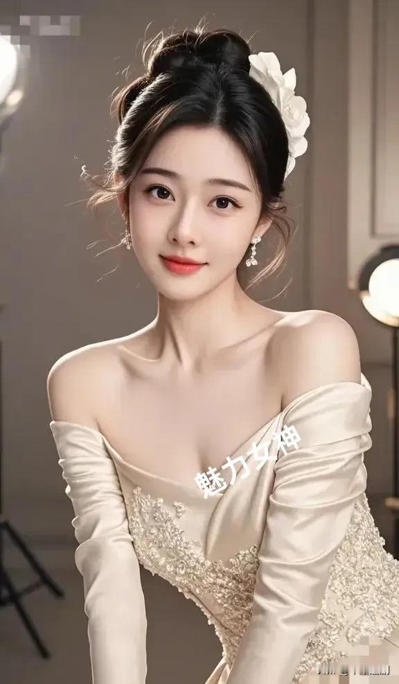 她以香槟色露肩礼服惊艳亮相，发间白花雅致，耳畔珠饰轻颤。那抹精致的剪裁与璀璨的绣