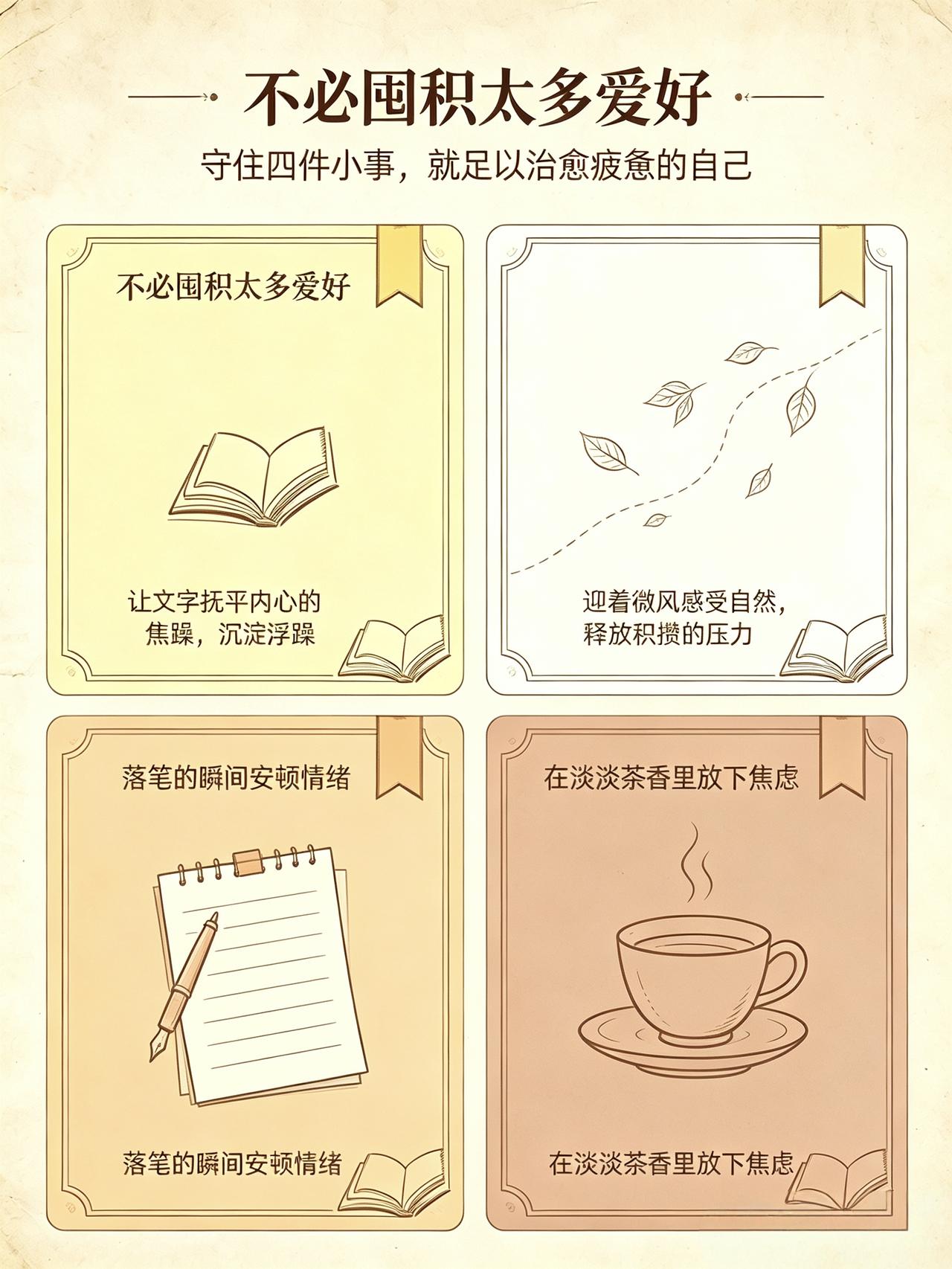 不必囤积太多爱好，守住四件小事，就足以治愈疲惫的自己。读书，让文字抚平内心焦躁；