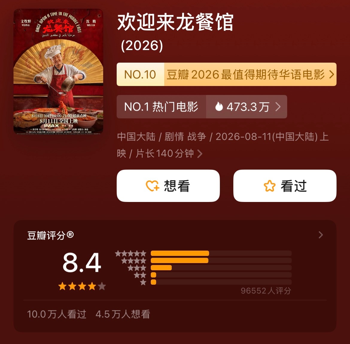 《欢迎来龙餐馆》豆瓣开分8.4欢迎来龙餐馆开分8.4