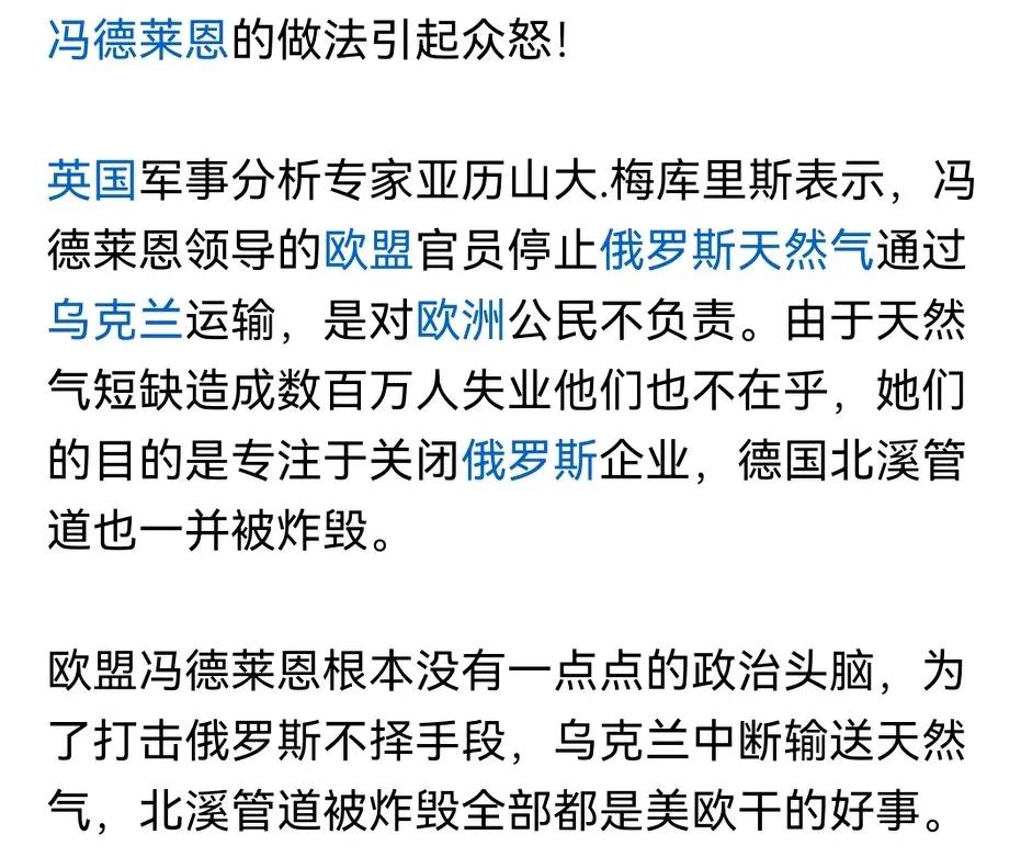 从美国方面看，冯德莱恩的做法非常正确。她为犹太资本集团服务，俄罗斯断供，最大收益