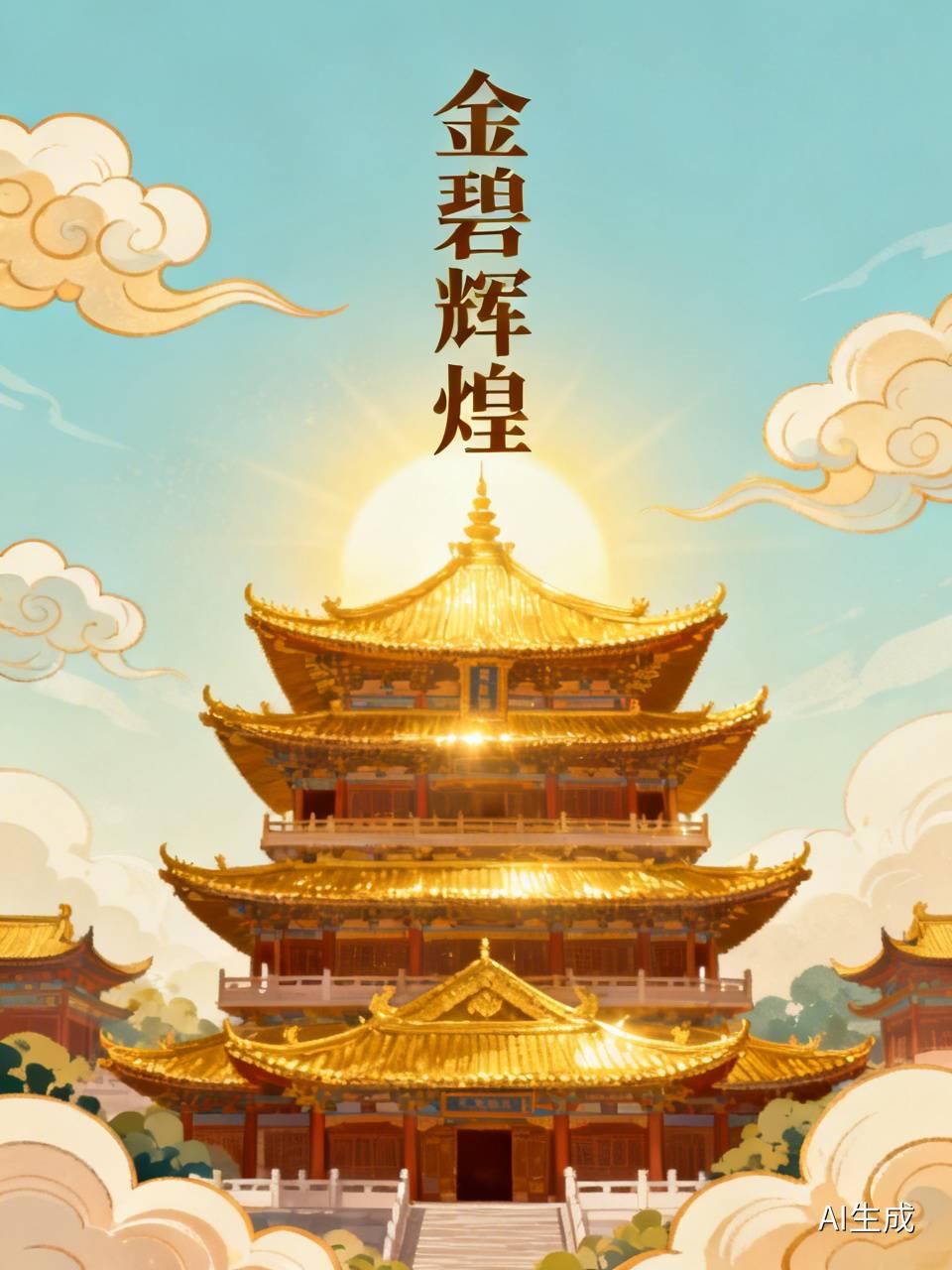 金碧辉煌
 
层楼耸峙映晴光，叠瓦鎏金耀四方。
玉柱雕栏凝瑞气，朱廊画栋焕华章。