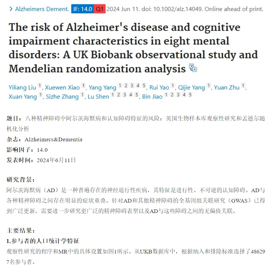 1区TOP!揭示精神障碍与阿尔茨海默病之间和因果关系 大家好呀！小盟今...