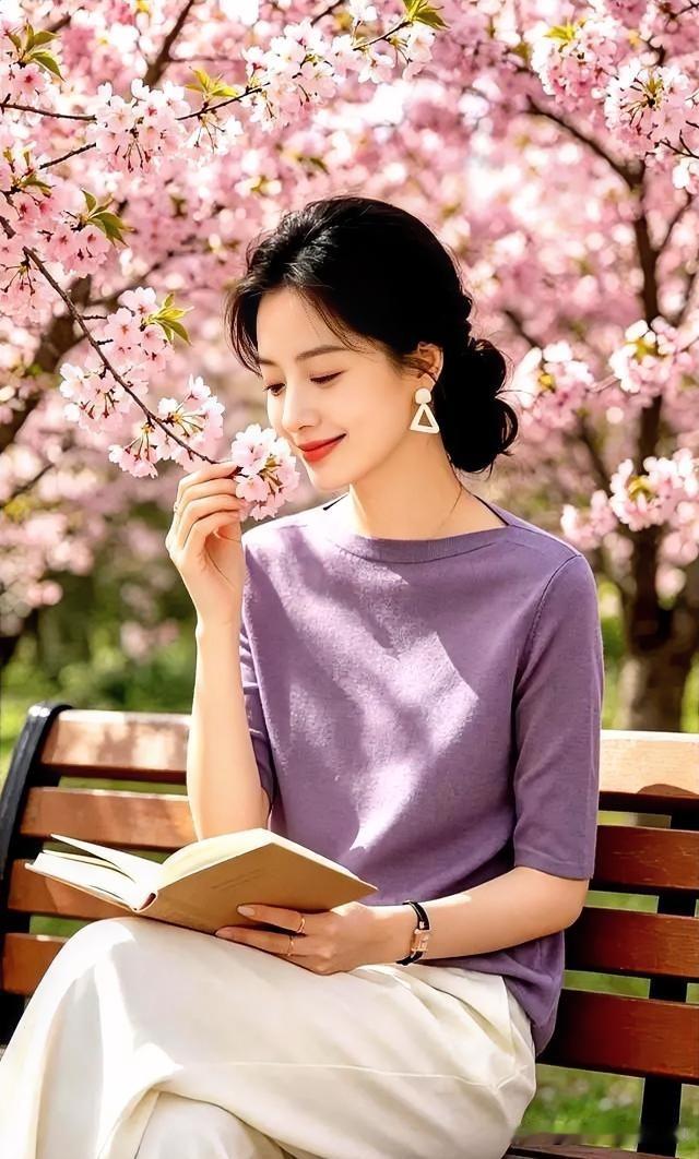粉樱如霞，漫天轻舞。紫衣女子倚长椅静读，指尖轻拈落英，书香与花香交织。一颦一笑间