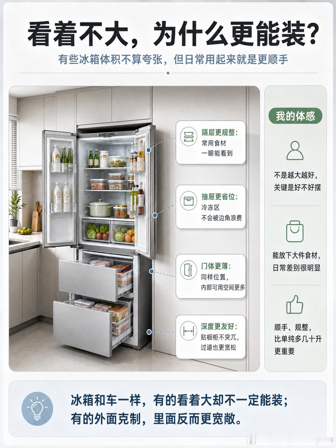 冰箱得房率哪家强以前看冰箱，我也更容易先看“多少升”，后来发现这和看车挺像：车长
