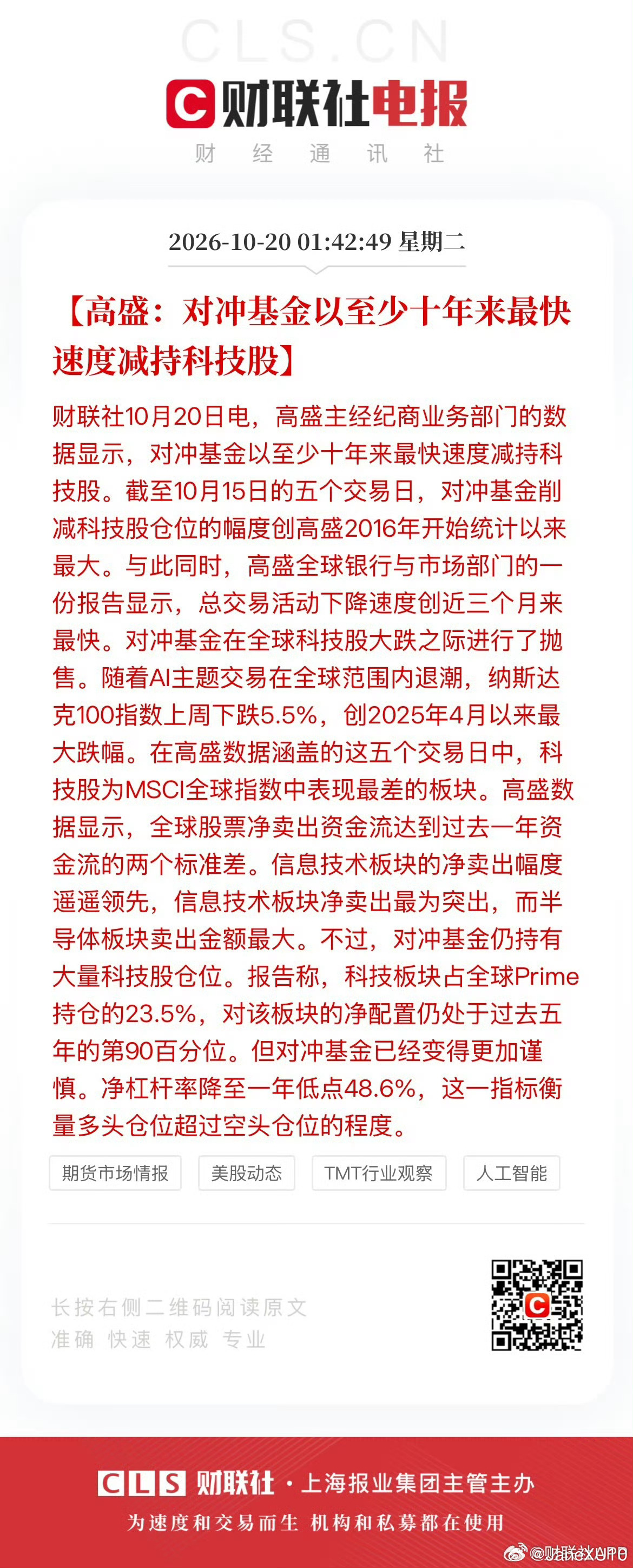 【高盛：对冲基金以至少十年来最快速度减持科技股】财联社10月20日电，高盛主经纪