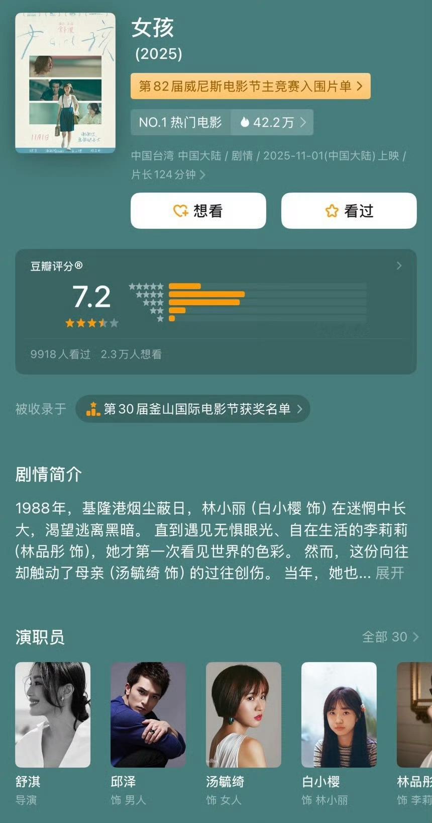 舒淇导演首作豆瓣开分7.2 舒淇导演首作《女孩》豆瓣开分7.2，你看了吗？ ​​