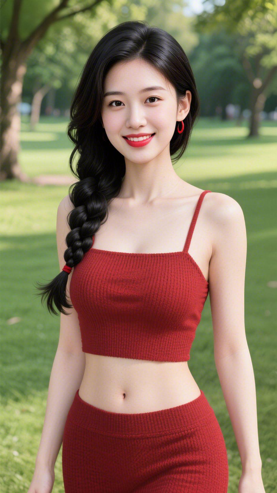 红韵染清风
草地漫着温柔的光，一袭红衫揉进夏日的热烈，麻花辫垂在肩头，笑意撞开所