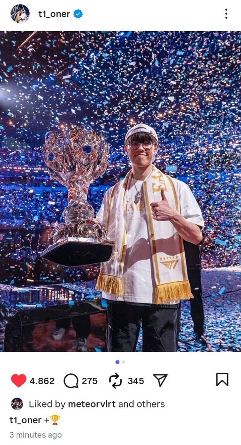 Oner更新ins：+🏆t1夺冠t1战胜kts15第一线 ​​​