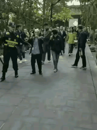 正在拍照的老大爷被推了过去，正走过来的老大妈也被推了过去，然后他就气宇轩昂地走了