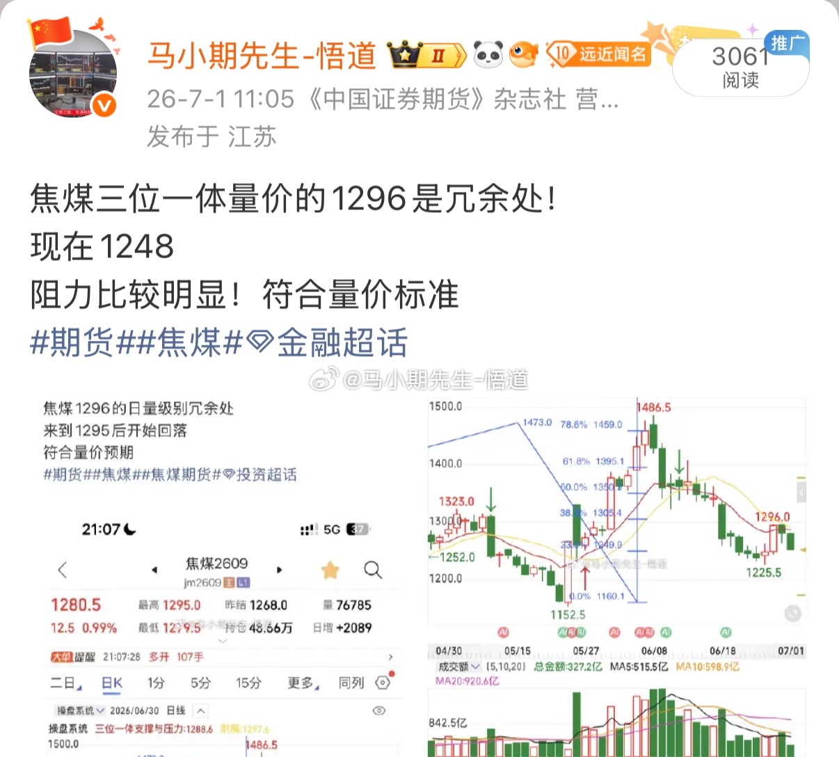 焦煤关键支撑在1229下轨还是比较不错的！还是在上面的1260与1273期货投资